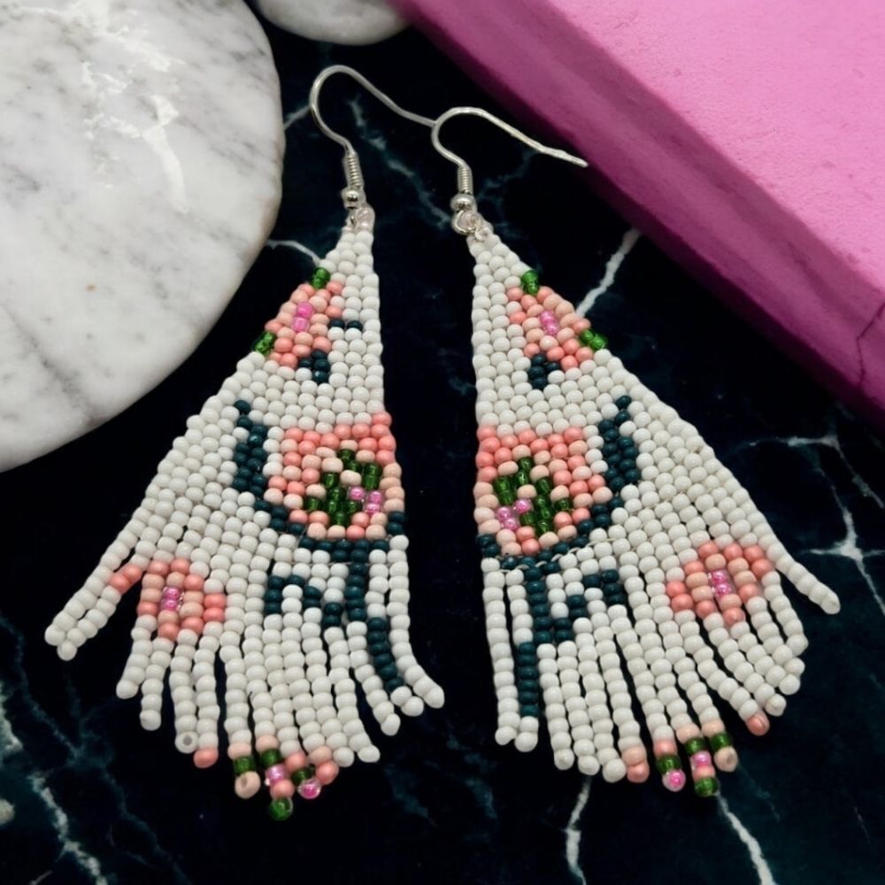 Pink Floral SeedāBead Fringe Earrings ā Boho Chic Western Statement Jewelry NWT
